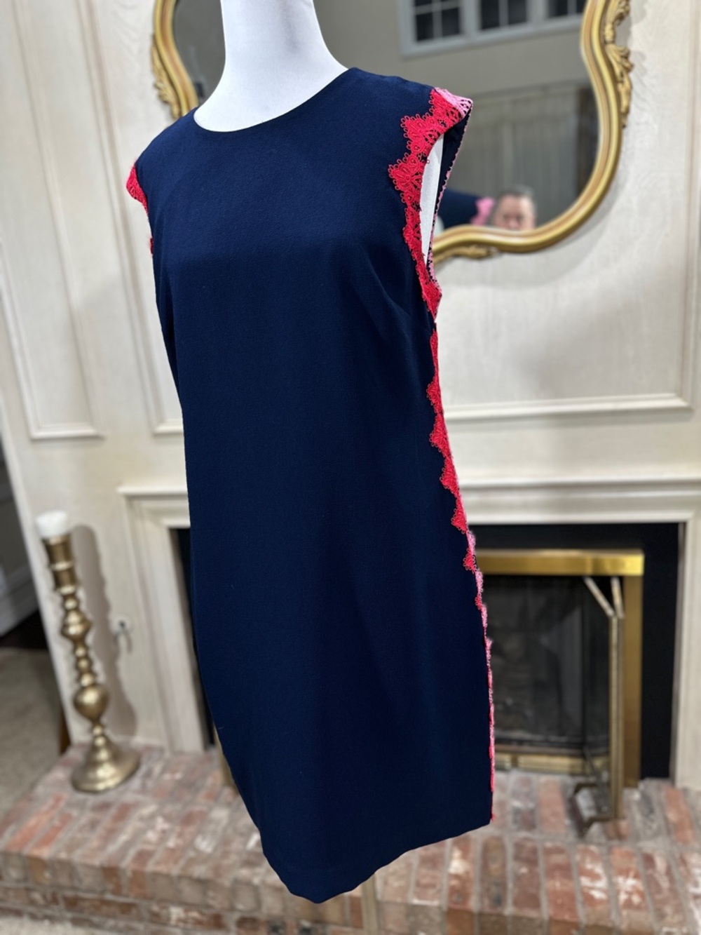 Trina Turk Dress 12 Navy Lace Trim Coastal Prep Palm Beach - Picture 2 of 14